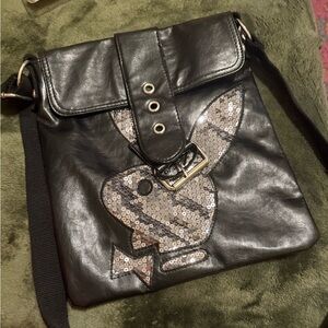 PLAYBOY Black and Pink Leather Bag with Sequin Accents